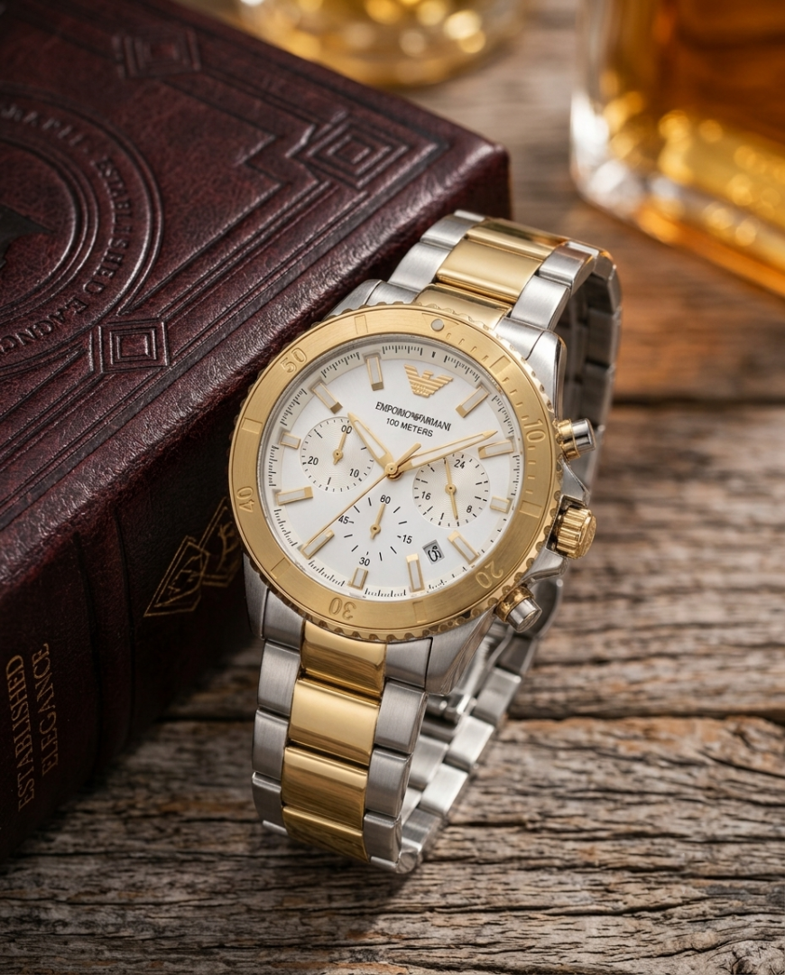 Emporio Arrwa%! 100Meter Chronograph 2Ton-Gold-White
