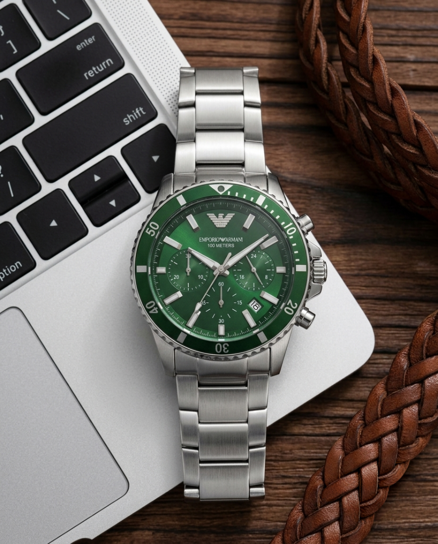 Em.porio Arrwa%! 100Meter Chronograph Silver-Green