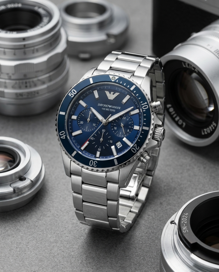 Emporio Arrwa%! 100Meter Chronograph Silver-Blue