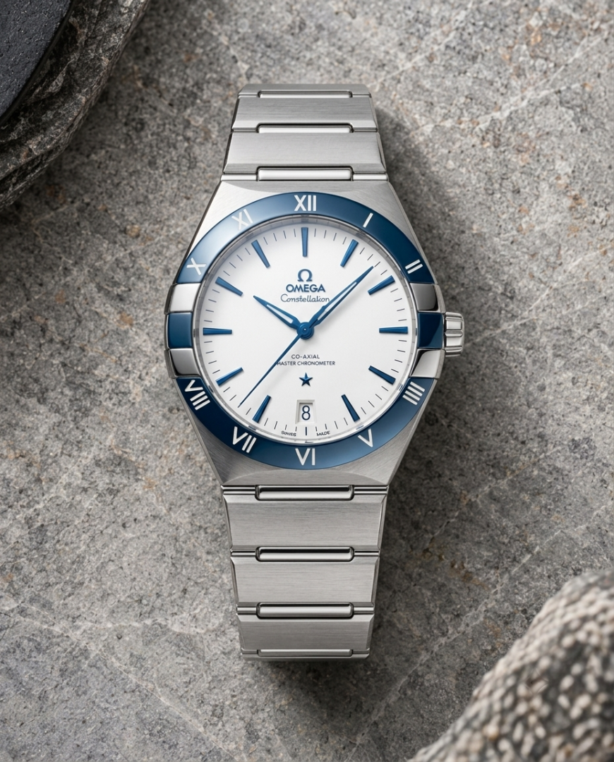 Omegha Constellation 41 mm Meteorite Watch silver white blue plan
