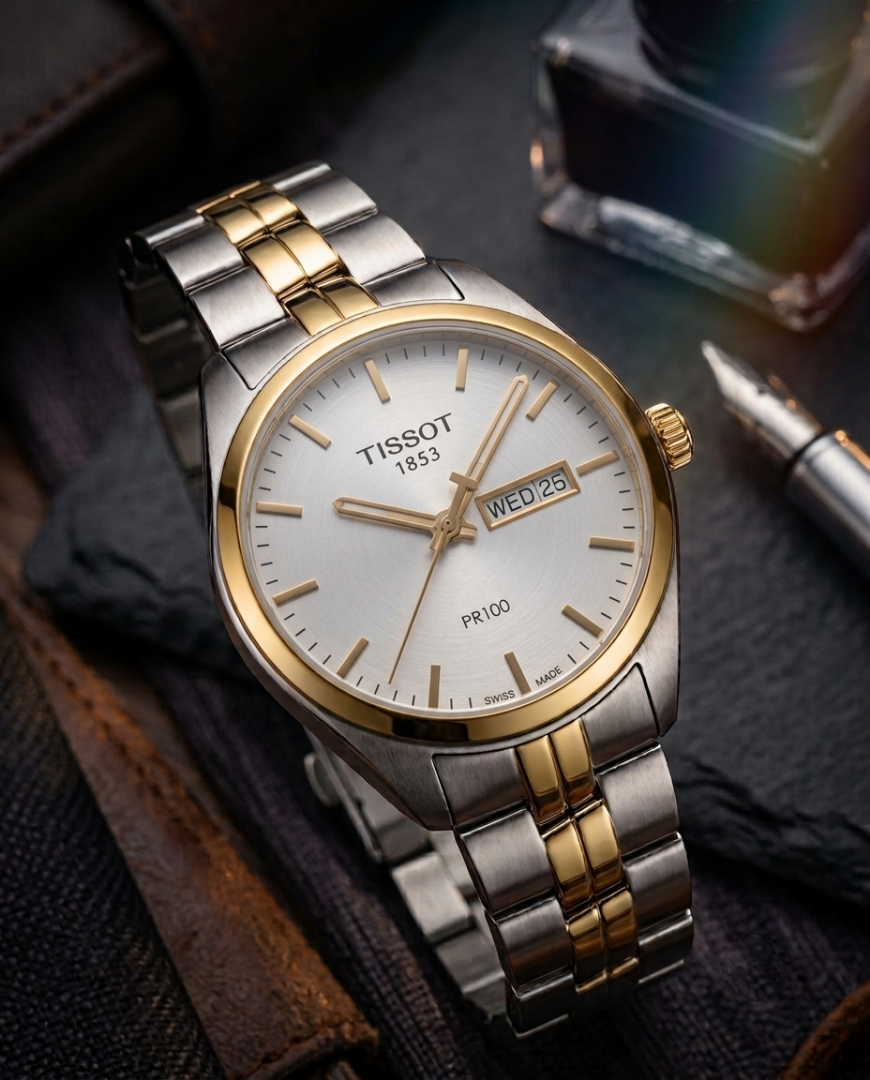 Tisot 1853 PR-100 Two Tone White Dial