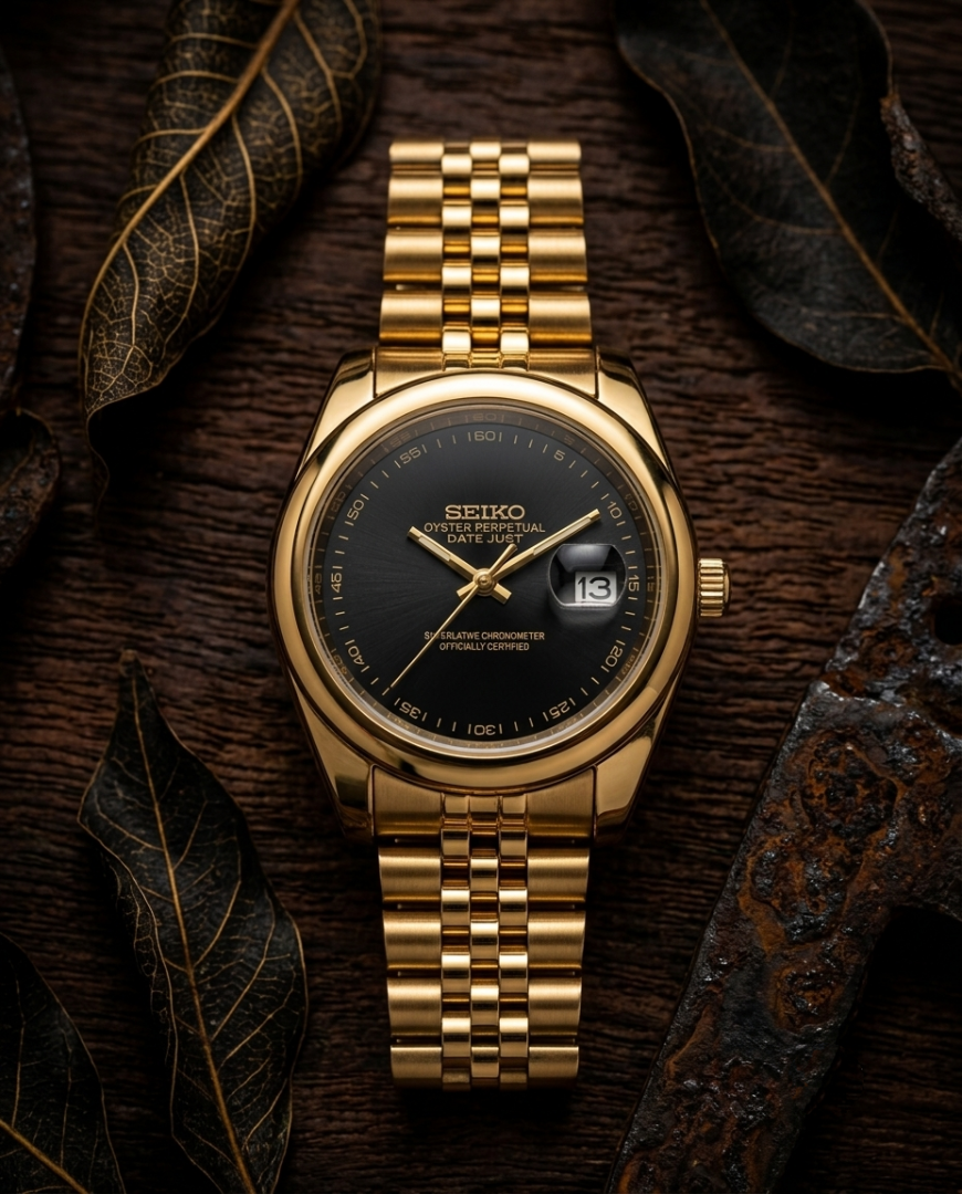 Sei.ko Galaxy Oyster Perpetual Date Just Gold Black Dial