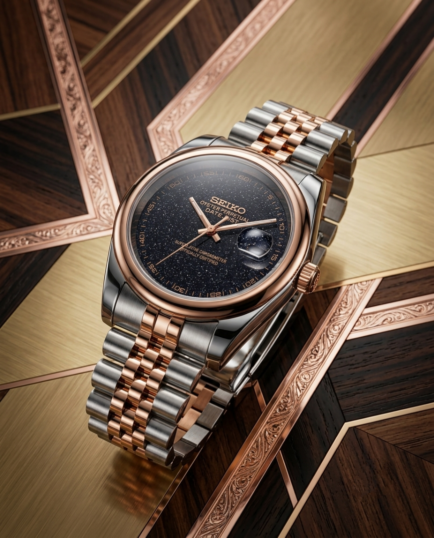 Sei.ko Galaxy Oyster Perpetual Date Just Two Tone Black Dial