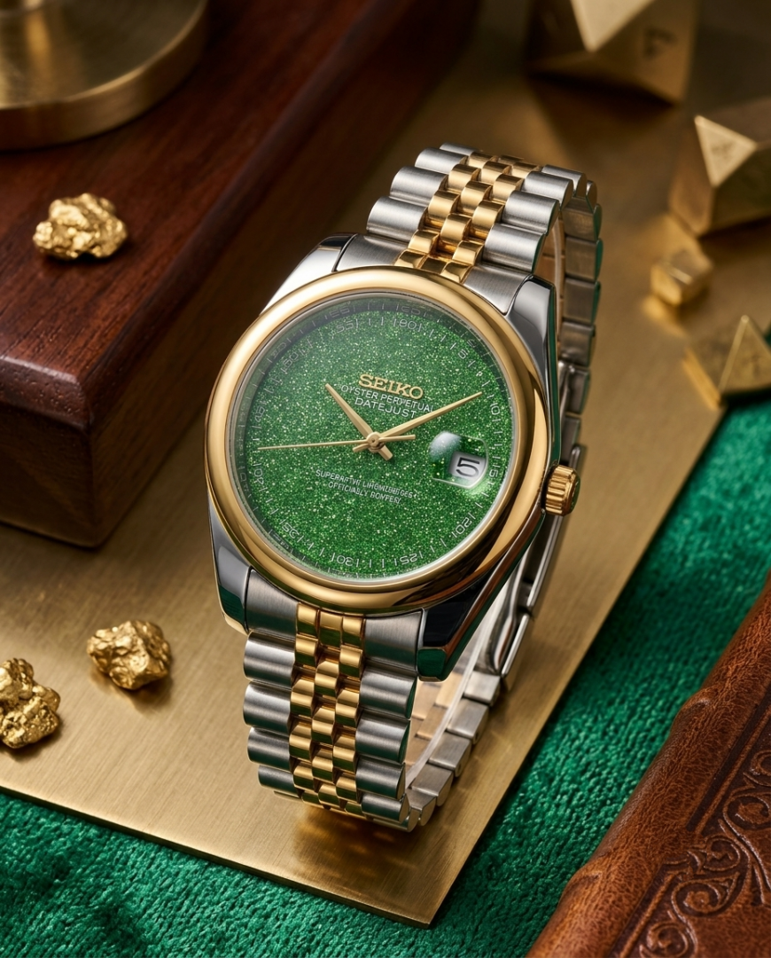 Sei.ko Galaxy Oyster Perpetual Date Just Two Tone Green Dial