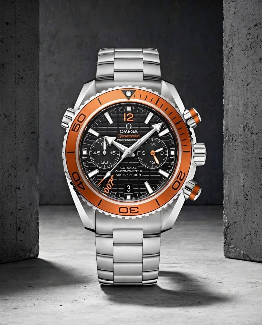 OMEGG_A Seamaster Planet Ocean 600M Co-Axial Chronograph 007 silver Black orange.