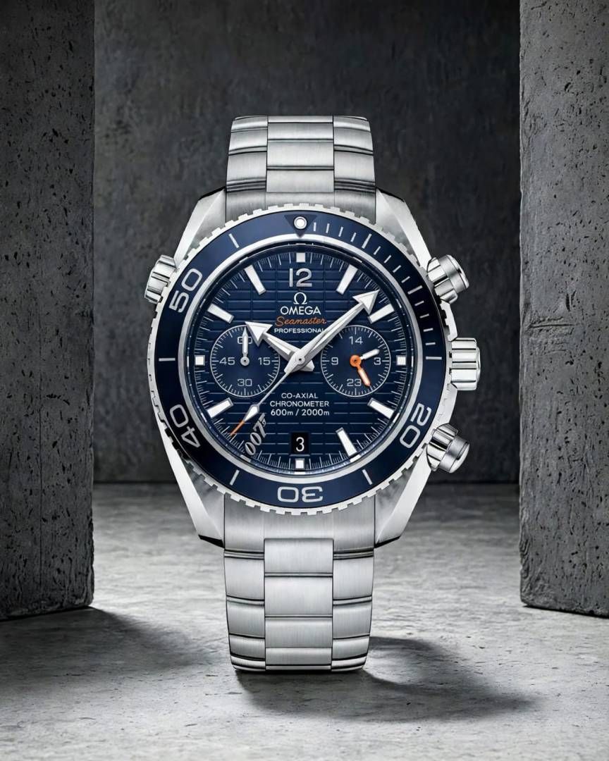 OMEGG_A Seamaster Planet Ocean 600M Co-Axial Chronograph 007 silver Blue.