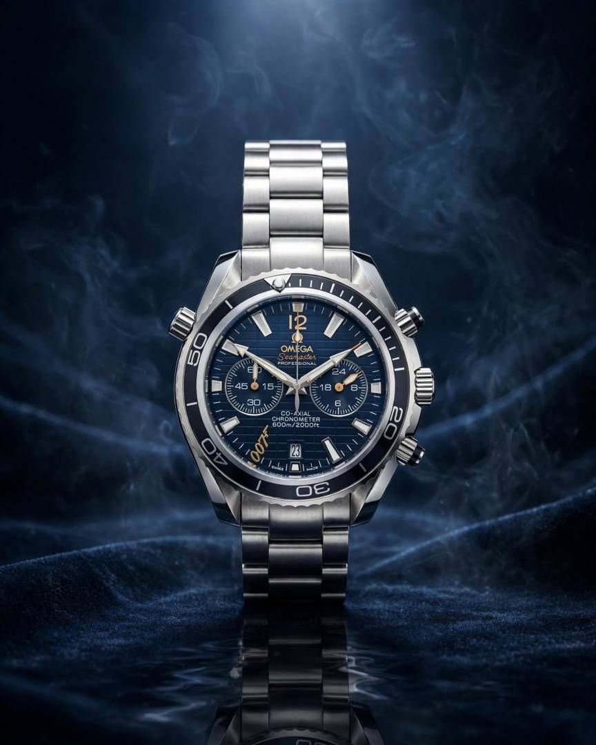 OMEGG_A Seamaster Planet Ocean 600M Co-Axial Chronograph 007 silver Blue.